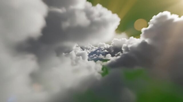 Green Screen fly into the cloud effect of flying multi layered clouds scene 4 with distortion, overlay, glitch, static noise, scan lines on black background, 4k animated video loop