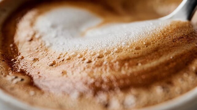 Focused shot on fresh microfoam blending into espresso framing the creamy surface contrast in a cappuccino with soft lighting and blurred surroundings.