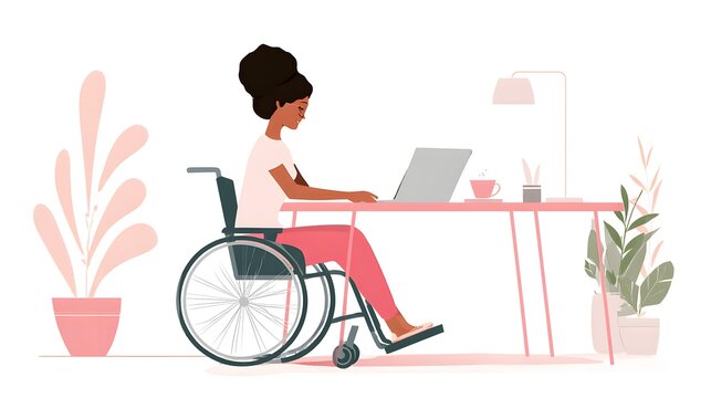 Woman in Wheelchair Working on Laptop at Desk with Plants.