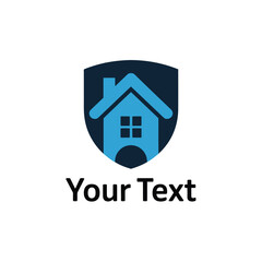 Blue house icon with shield and text on white background for real estate or protection
