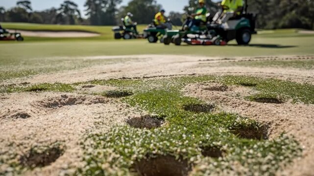 Medium shot of heavy sand application on a lush green spotlight on sand particles filling aeration plugs while the distant mowing crew is out of focus.