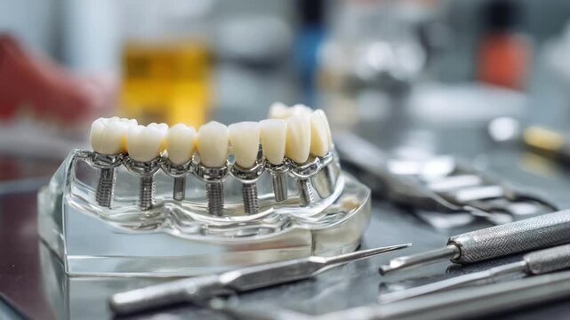 Detailed shot of a metal framework for a titanium bridge being fitted on an implant model with the technicians tools and background gently blurred.