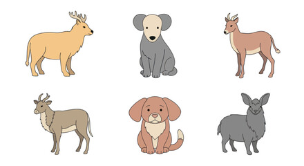 Fototapeta premium Cute cartoon animals including deer, antelope, goats, and puppies in simple illustration style perfect for children?s books and educational materials