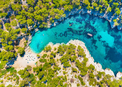 Aerial view of Calanques National Park near Cassis fishing village, Provence, France