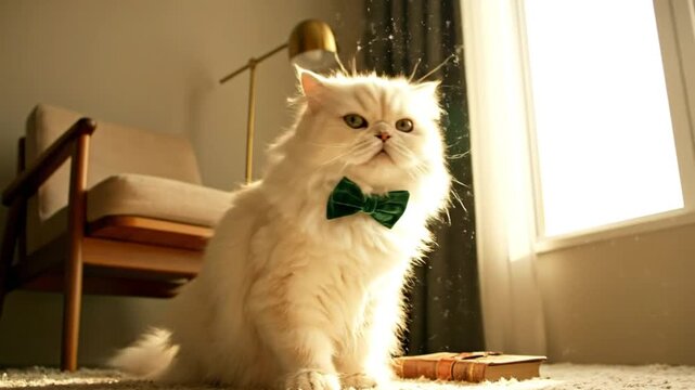 Elegant white Persian cat with a green bow tie sits in a sunlit room by a window