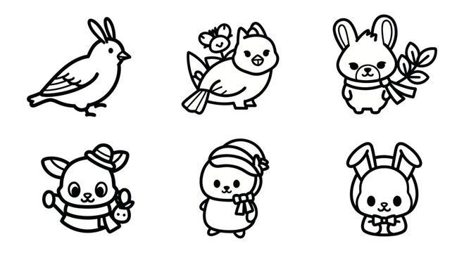 Cute black and white cartoon animal characters including birds and bunnies with accessories, perfect for coloring books or children's designs