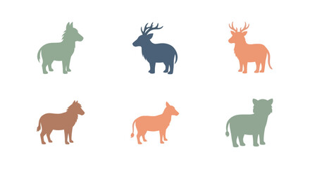 Fototapeta premium Minimalist colorful animal silhouettes set with deer, donkey, hyena, and big cat shapes on white background, perfect for design and decoration