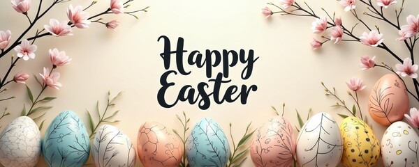 Fototapeta premium Festive Easter greeting card with pastel colored eggs decorated with line art floral patterns. Delicate pink blossoms on branches frame the text Happy Easter. Perfect for spring celebration.