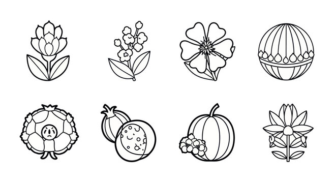 Outline icons of various medicinal herbs and plants including globe amaranth, elderflower, cinquefoil, ballflower, cotton, pomegranate, pumpkin