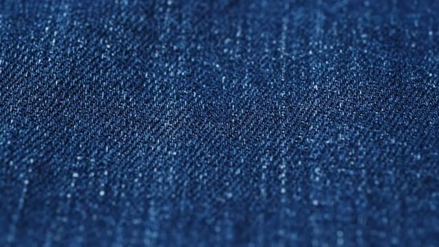 Close-up slow pan across textured blue denim fabric revealing woven threads and subtle details