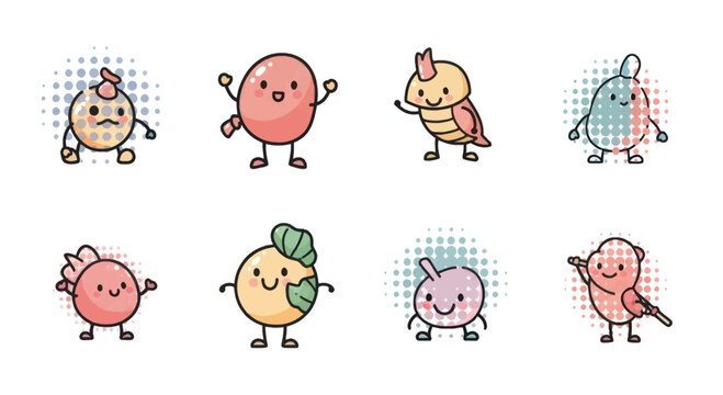 Cute colorful cartoon vegetable and fruit characters with happy expressions on white background, perfect for children?s book or educational material