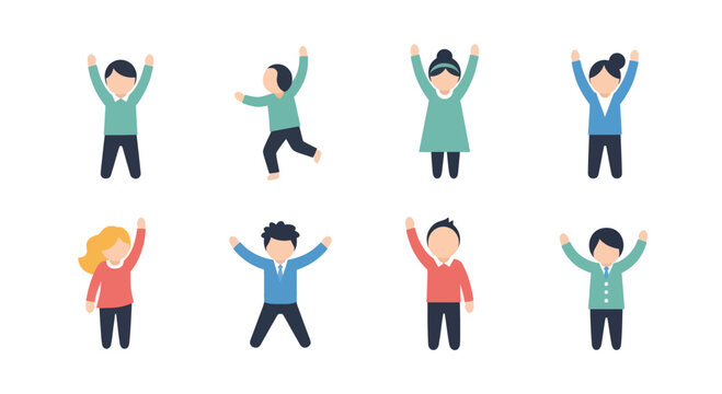 Flat style diverse cartoon people characters with happy and cheerful gestures, suitable for web design, marketing, and educational materials