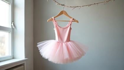Fototapeta premium Pink ballet tutu hangs on wooden hanger. Child dancer wear for ballet class. Girl dreams become prima ballerina. Fairytale dress waits for performance. Stage costume prepared for dance.