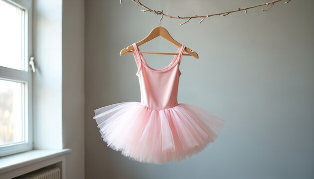 Pink ballet tutu hangs on wooden hanger. Child dancer wear for ballet class. Girl dreams become prima ballerina. Fairytale dress waits for performance. Stage costume prepared for dance.