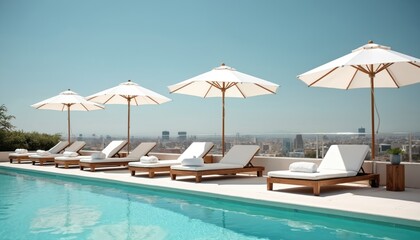 Fototapeta premium Rooftop pool area with lounge chairs and umbrellas offers city views. Clean turquoise water invites relaxation. Sunny day creates resort ambiance.