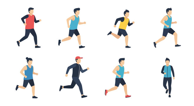 Set of flat design running and jogging young men in sportswear in different postures, fitness and training concept illustrations
