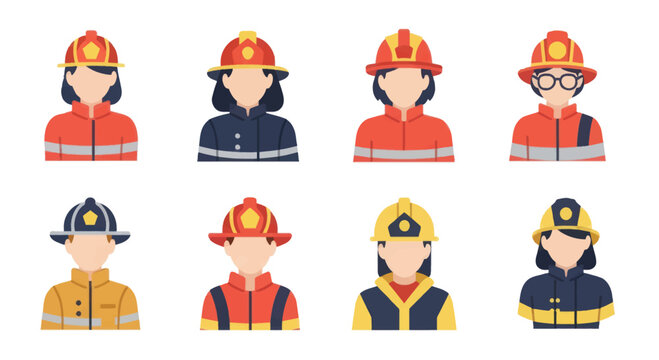 Set of female and male firefighter avatars in different uniforms fireman icons for emergency safety and protection designs