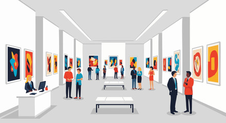 Obraz premium Diverse people viewing modern abstract paintings in a spacious art gallery exhibition. Vector illustration.
