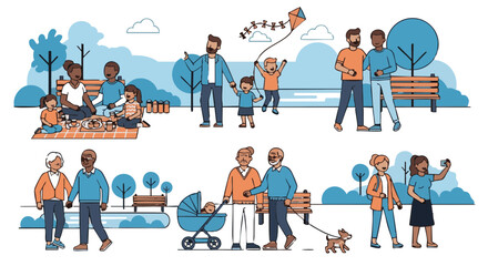 Fototapeta premium Diverse families and couples enjoying leisure activities in a city park. Vector illustration set.