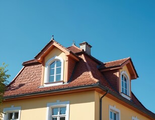 Yellow house facade with mansard roof windows, dormers and chimney. Orange tiled roof under bright blue summer sky. Traditional European architecture details are visible on structure.