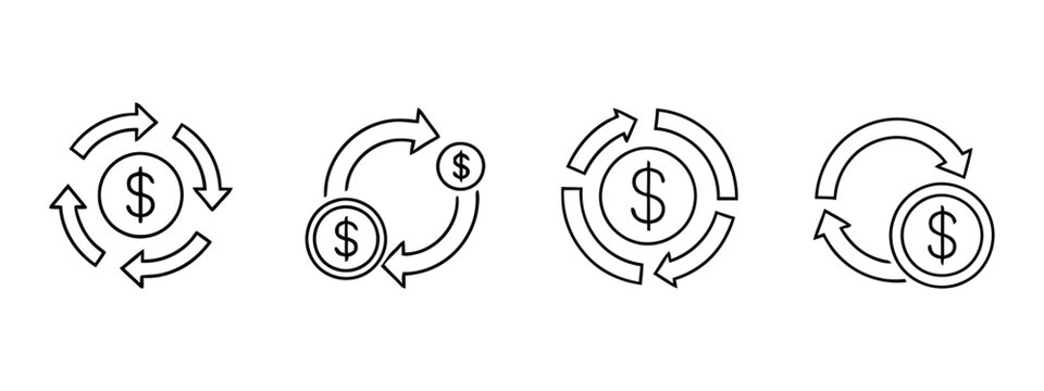 Four black and white dollar sign circular flow icons