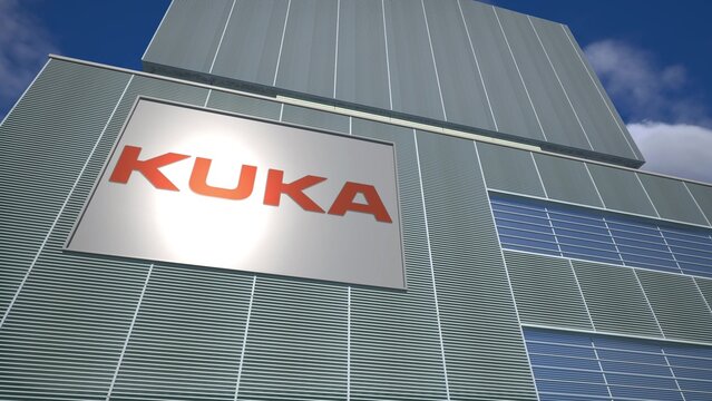 KUKA industrial robotics facility sign, illustrative editorial 3d rendering