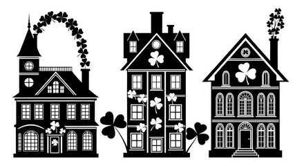 Naklejka premium Black and white illustration of three charming houses with shamrocks