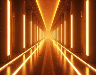 Fototapeta premium Long futuristic corridor with warm golden lights reflecting on glossy floor. Tall pillars line the passageway towards bright light creating perspective. Modern architectural interior.
