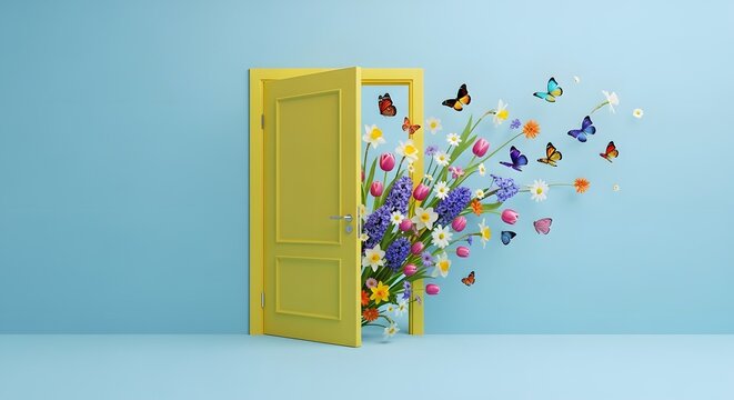 Open yellow door with spring flowers and butterflies emerging against light blue wall