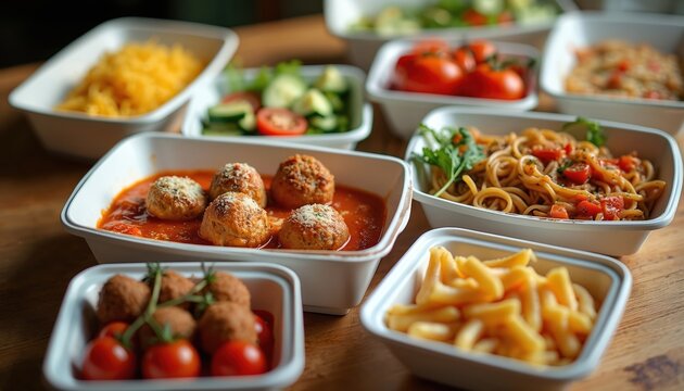Multiple takeout food containers filled with various prepared meals. Portioned dishes offer diverse menu options for easy eating. Healthy food choices for busy people ready to eat.