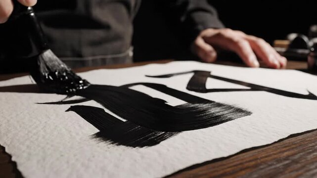 Artist creating ink calligraphy with a brush on paper, seen up close on a wooden surface in a dimly lit room
