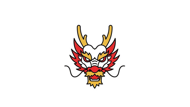 Colorful dragon head with horns and beard.
