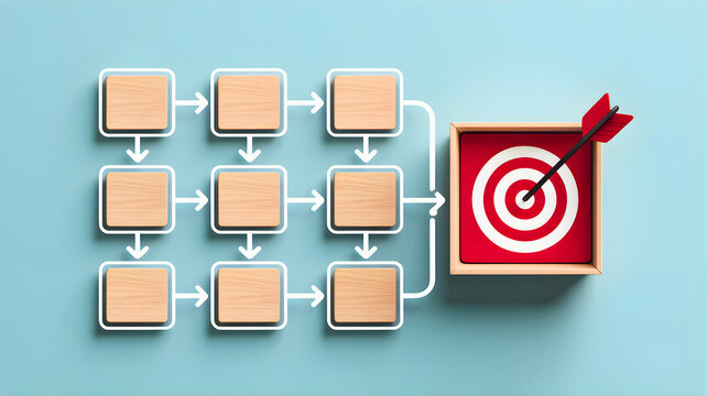 Strategic pathway to success visualized A clear process flow of interconnected steps and wooden blocks culminating in the precise achievement of business goals and objectives