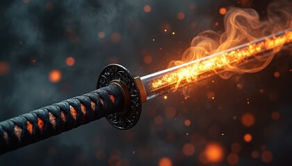 Obraz premium Burning katana sword with glowing orange blade and smoke. Traditional japanese weapon close up. Warrior blade ready for fight. Epic battle steel.