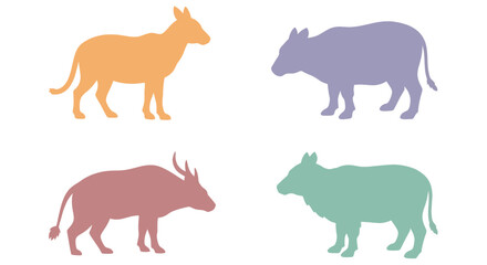 Fototapeta premium Colorful silhouettes of African wild animals including aardvark, rhinoceros, wildebeest, and buffalo isolated on white background for educational or wildlife design