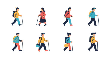 Fototapeta premium Set of diverse flat vector people walking with backpacks, briefcases, and walking sticks, suitable for hiking, travel, outdoor adventure, and active lifestyle designs