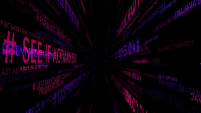A dynamic, 3D perspective fly-through of glowing pink and blue technical text and code strings. The text moves toward and away from the viewer, creating a sense of digital depth and "cyber" data proce