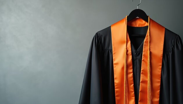 Black graduation gown with orange stole hangs on hanger. Academic regalia ready for ceremony. Degree award celebration attire. University or college achievement symbol. Future success study.