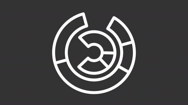 Abstract white circular logo with segmented concentric rings on a dark background.