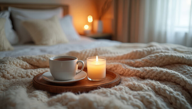 Warm knit blanket covers a cozy bed with a steaming cup of tea and lit candle. Soft light from bedside lamp creates inviting relaxing atmosphere for quiet morning or evening rest.