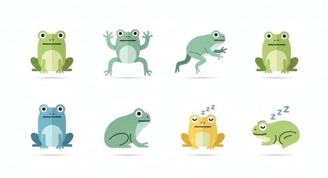 Cute Frog Flat Icon Set, Adorable Green and Blue Frog Character Poses, Minimalist Toad Symbols Jumping, Sitting, and Sleeping Illustration