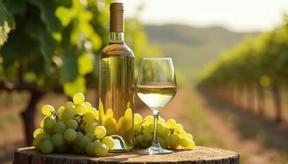 Naklejka premium White wine bottle and glass with grapes on wood stump in vineyard. Fresh green vine leaves and rows of grapevines in background. Sunny outdoor nature.