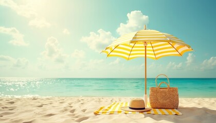 Obraz premium Striped yellow umbrella shades sandy beach with straw hat and woven bag. Bright sun shines on calm ocean water. Peaceful summer vacation scene.