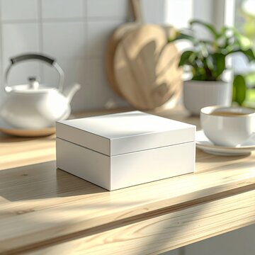 White Box on Kitchen Countertop with Kettle and Cup.