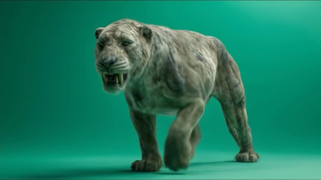 Prehistoric Smilodon Saber-Toothed Tiger Walking on Green Screen Background