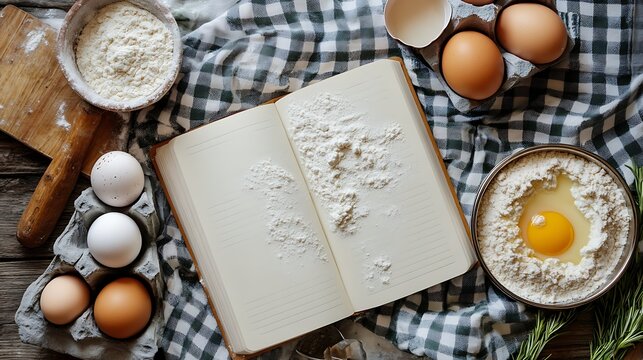 Baking ingredients and recipe book on rustic wooden table