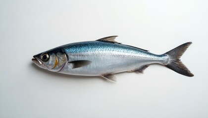 Obraz premium Single fresh sardine fish isolated on white background. Seafood ingredient for healthy meal preparation. Raw fish with silver scales, fins and tail.