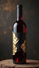 Naklejka premium Luxury red wine bottle with black label, torn gold foil accent. Dark background, rustic wood base. Ideal for winery branding, upscale promotions, celebratory occasions, gourmet food articles,