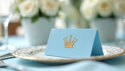 Fototapeta premium Blue folded card with gold crown sits on elegant plate. Table setting ready for baby boy party celebration. White flowers in vase decorate elegant event.