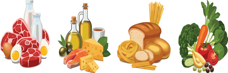 Balanced Diet Food Groups Vector Illustration with Protein Dairy Grains Vegetables and Healthy Nutrition Ingredients Collection